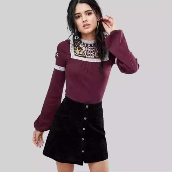 Free People Cosy On Up Ribbed Embroidered Blouse Top Size M - Picture 1 of 8